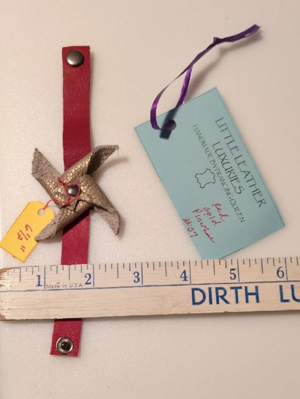 Handmade Red Genuine Leather Snap Bracelet with Gold Pinwheel Accent - Picture 4 of 6